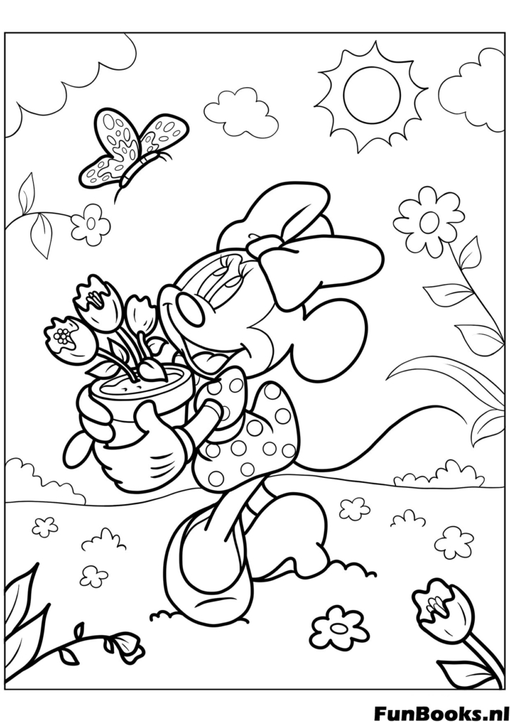 Minnie Mouse de Disney arrosant des fleurs dans son jardin personnage de printemps coloriage