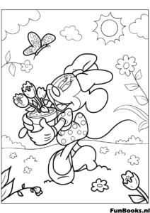 Disney's Minnie Mouse geeft bloemen water in haar tuin lente personage kleurplaat