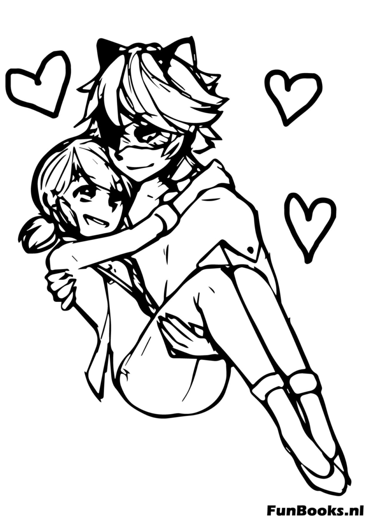 Ladybug und Cat Noir umarmen sich romantisches Superhelden Paar Ausmalbild für Fans