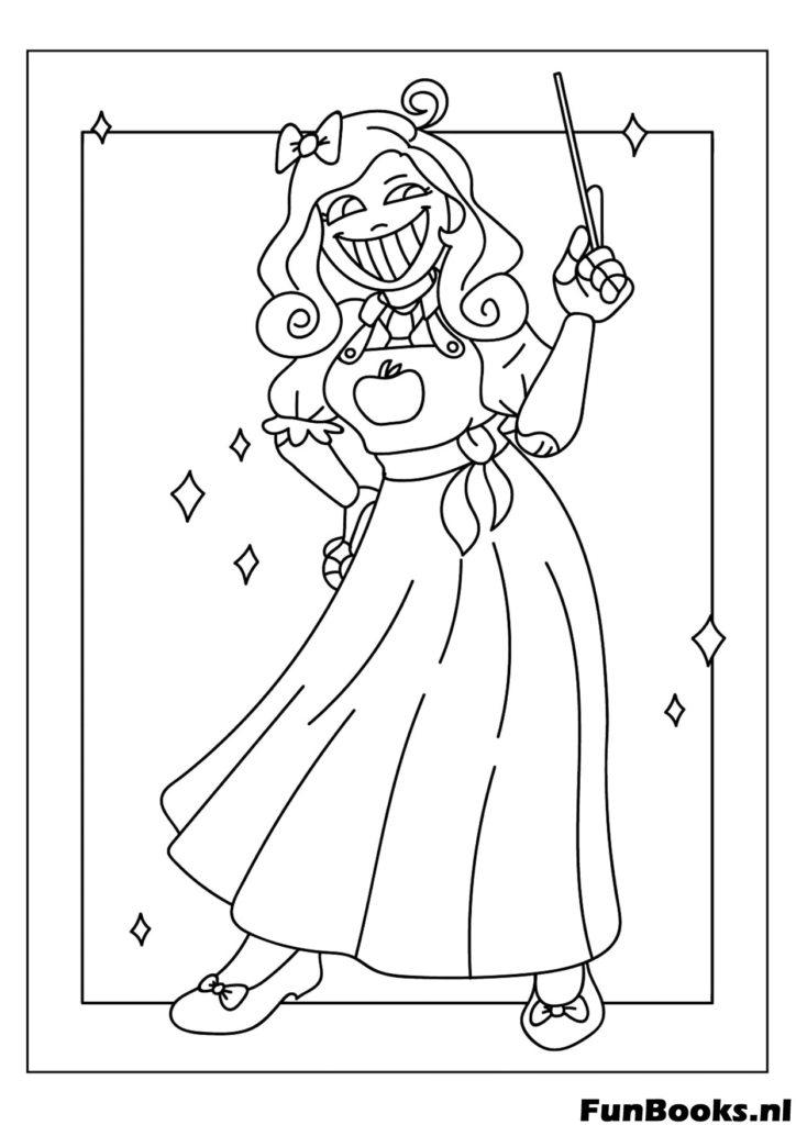 Miss Delight the scary teacher character standing and smiling coloring page