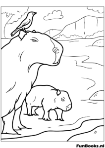 Mommy capybara with her baby and a bird coloring page