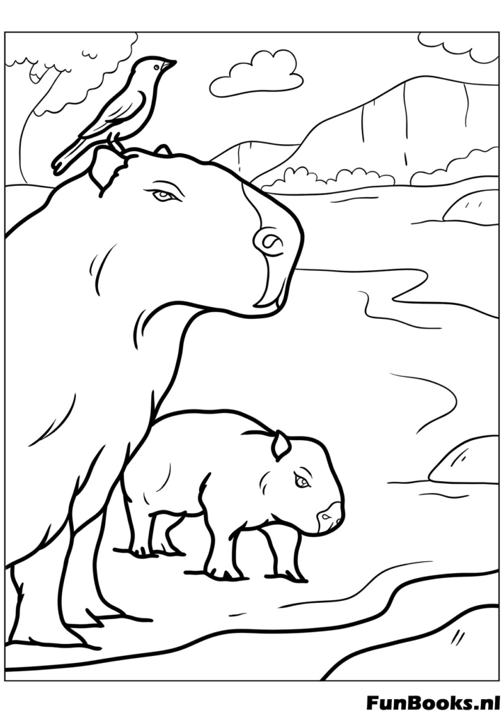 Mommy capybara with her baby and a bird coloring page