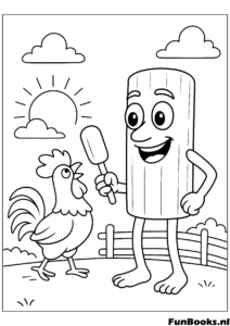 Tung Tung Sahur waking up with a rooster crowing early morning coloring page