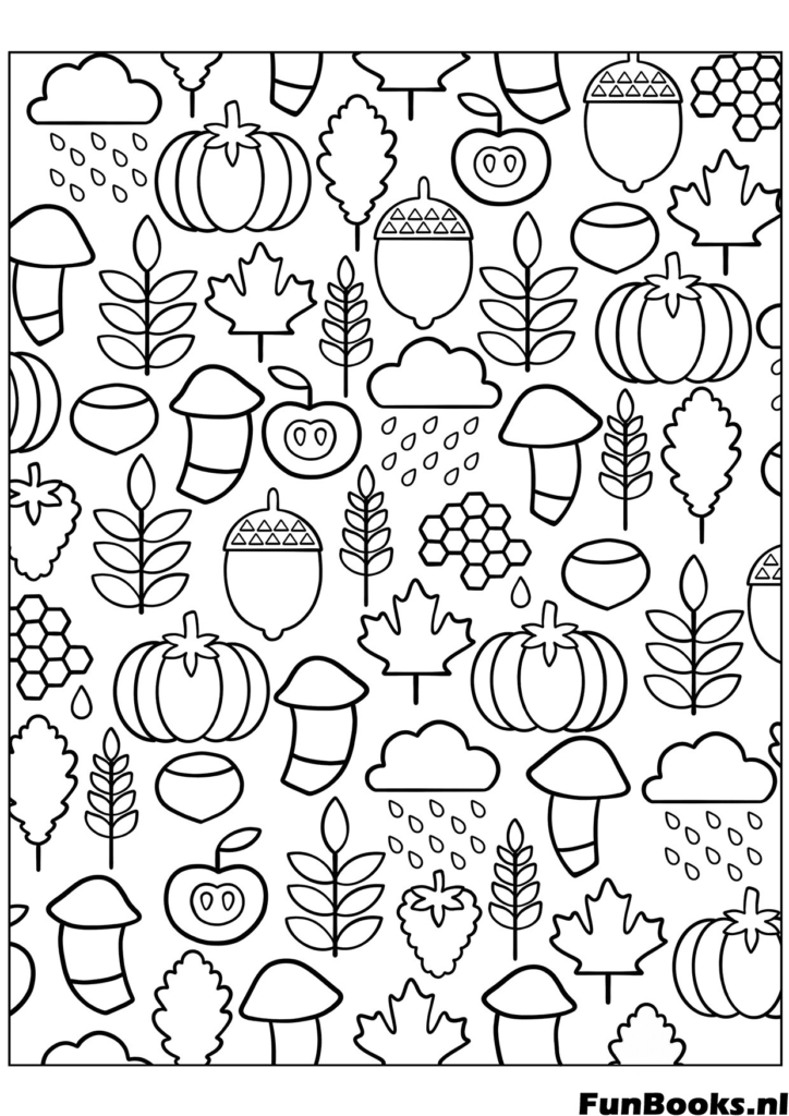 Motif sans couture d'articles d'automne comme champignons glands feuilles et parapluies coloriage