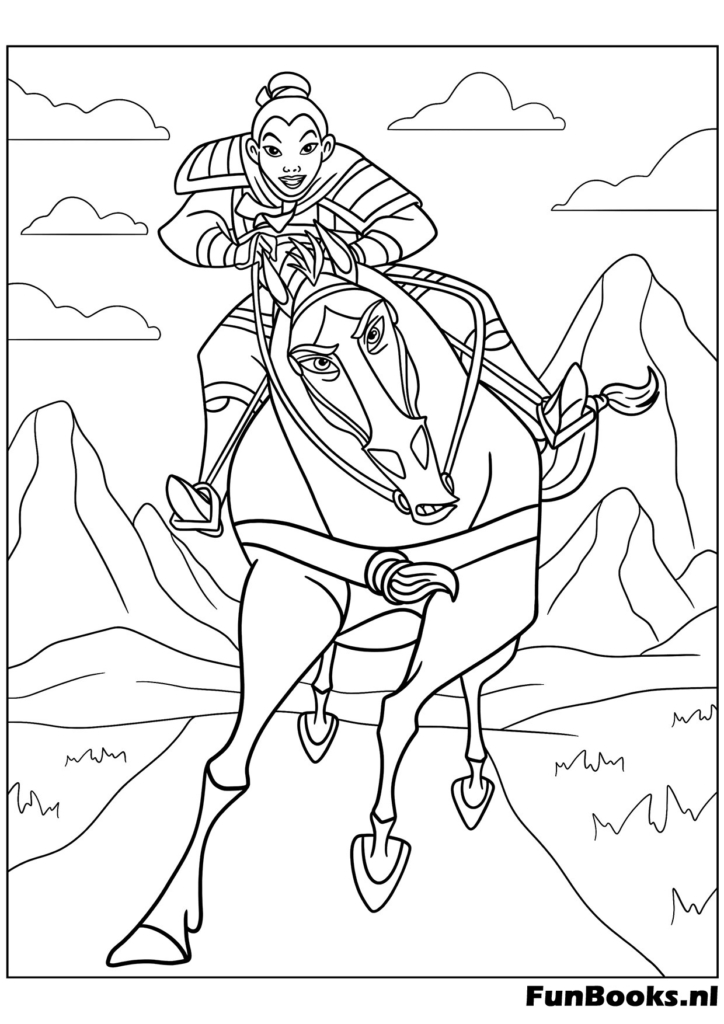 Mulan appuyée sur une balustrade de balcon regardant le paysage coloriage