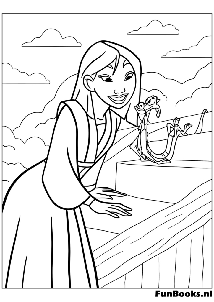 Mulan leaning on a balcony railing looking out at the scenery coloring page