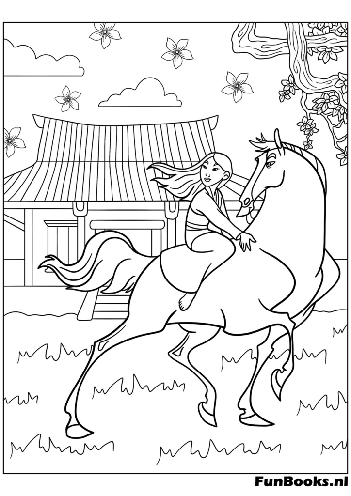 Mulan sentada bajo un árbol relajándose con su caballo Khan naturaleza dibujo para colorear