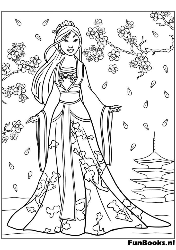 Mulan vestida como guerrera sosteniendo una espada lista para la batalla dibujo para colorear