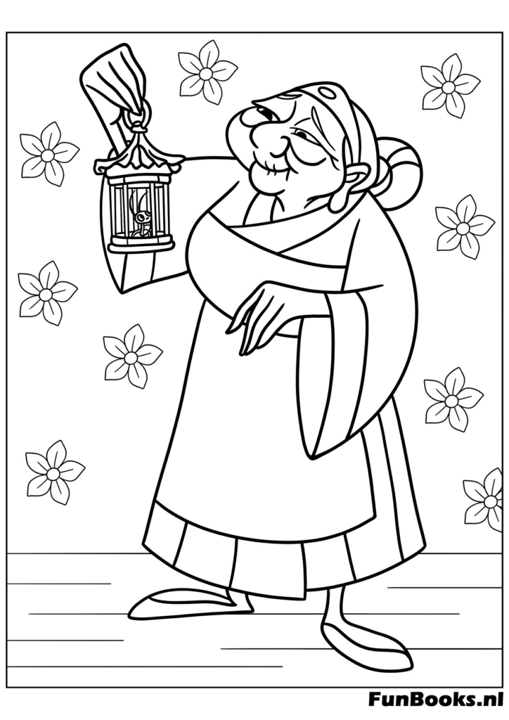 Disney Princess Mulan holding a cage with Cri-Kee the lucky cricket coloring page
