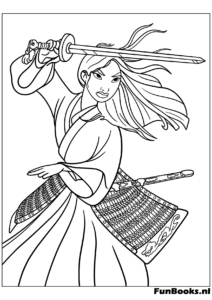 Elegante Mulan spaziert draußen und hält einen traditionellen Sonnenschirm Ausmalbild