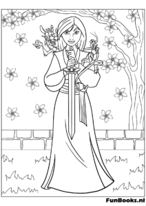 Mulan montant son cheval Khan à travers les montagnes enneigées aventure coloriage