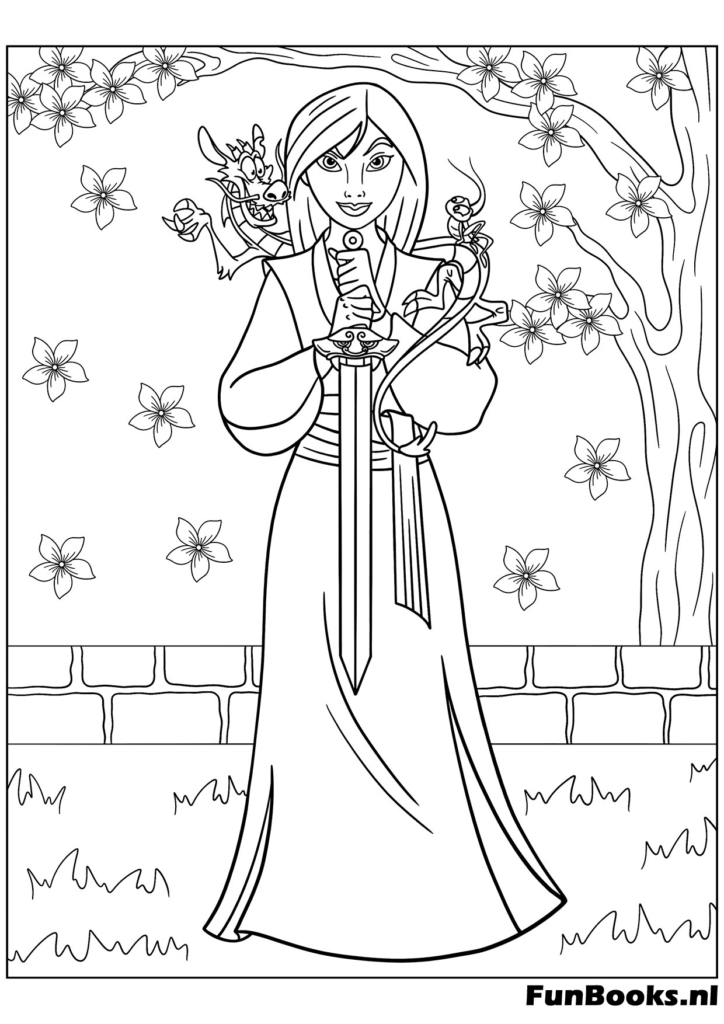 Mulan montant son cheval Khan à travers les montagnes enneigées aventure coloriage