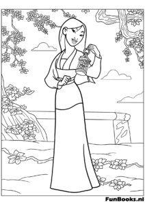 Mulan montant Khan vers une porte de temple chinois paysage coloriage