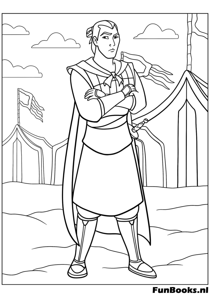 Mulan sosteniendo la espada de su padre con Mushu y Cri-Kee a su lado dibujo para colorear