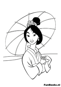 Close up portrait of Mulan holding a paper umbrella smiling coloring page
