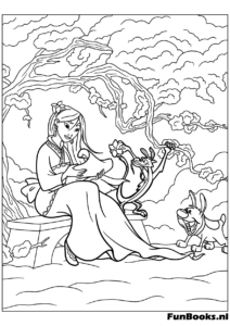 Primer plano de Mulan sosteniendo un paraguas de papel sonriendo dibujo para colorear