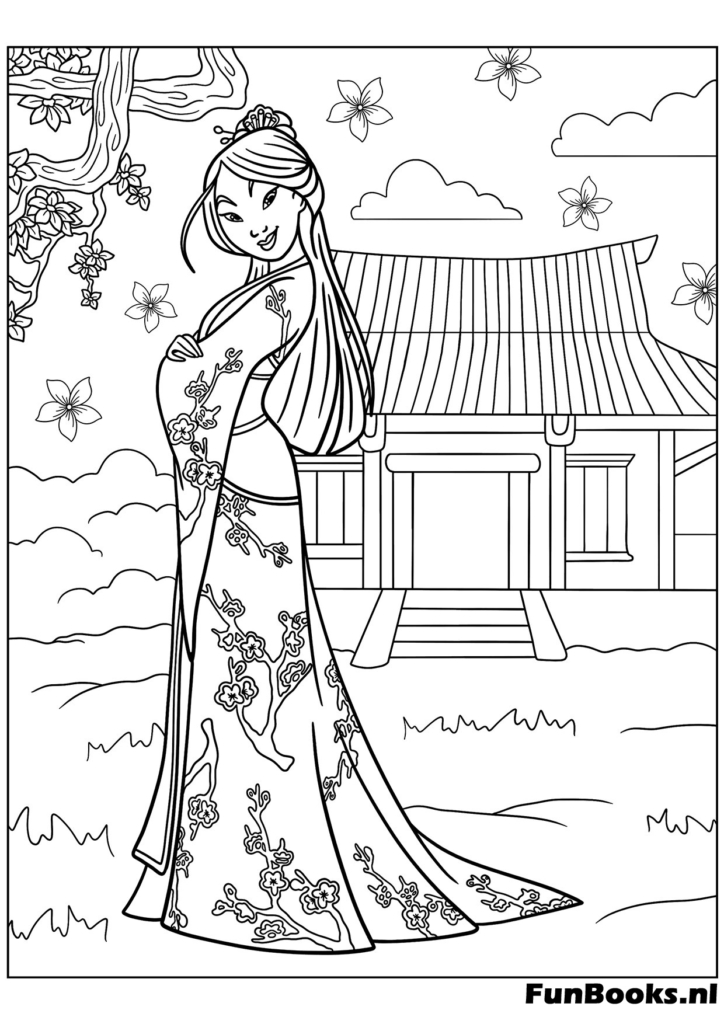 Mulan disfrazada de soldado vistiendo armadura completa y luciendo valiente dibujo para colorear