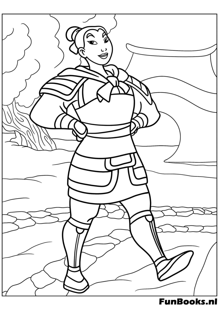 Mulan disguised as a soldier wearing full armor and looking brave coloring page