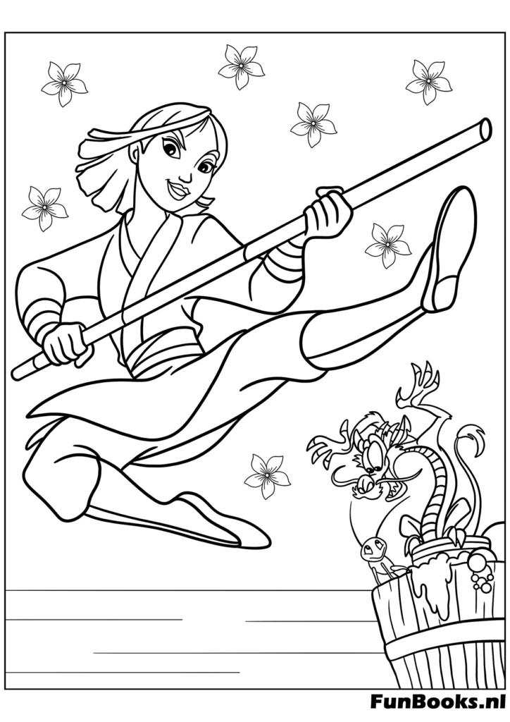 Mulan de pie con gracia en un jardín del templo con arquitectura china dibujo para colorear