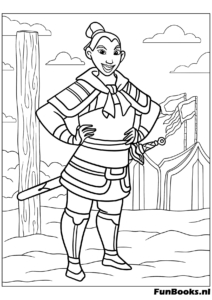 Princesse Disney Mulan tenant une cage avec Cri-Kee le criquet porte-bonheur coloriage