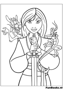 Mulan tenant une fleur ou une petite poupée dans un jardin paisible coloriage