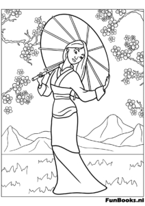 Elegant Mulan walking outdoors holding a traditional parasol umbrella coloring page
