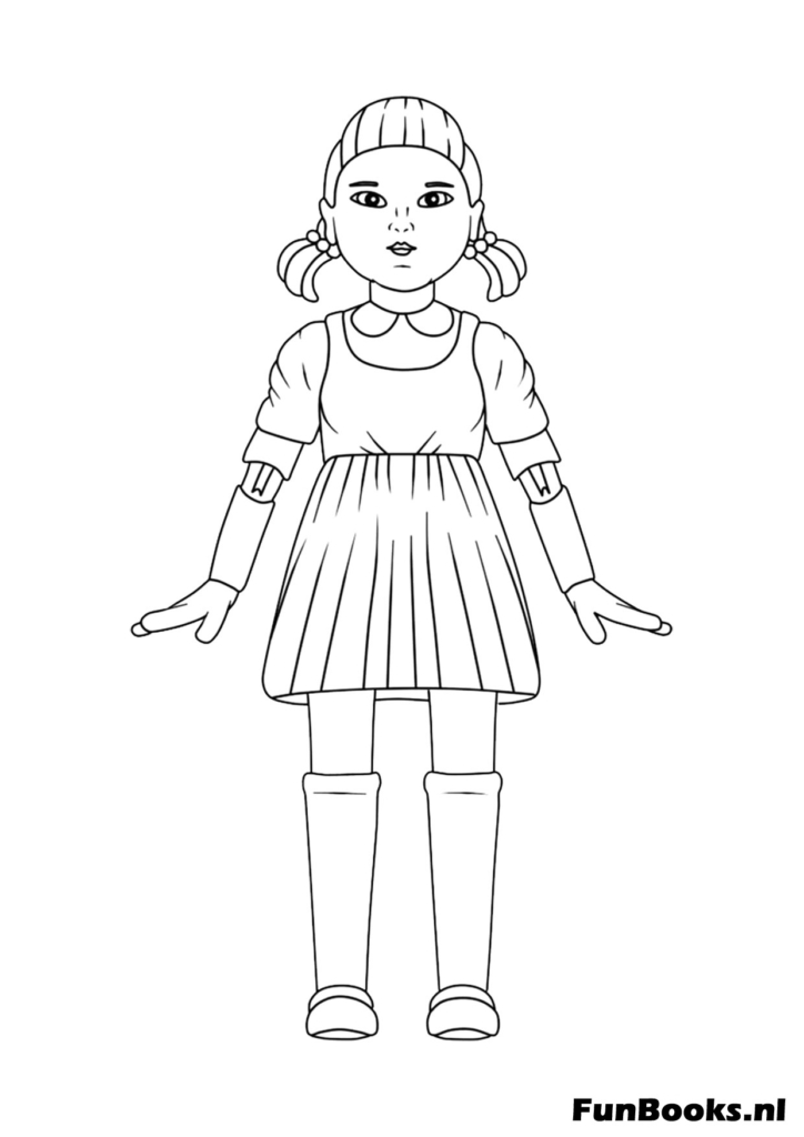 Dibujo de cuerpo completo de la muñeca robótica Young-hee del primer juego usando su vestido naranja El Juego del Calamar dibujo para colorear