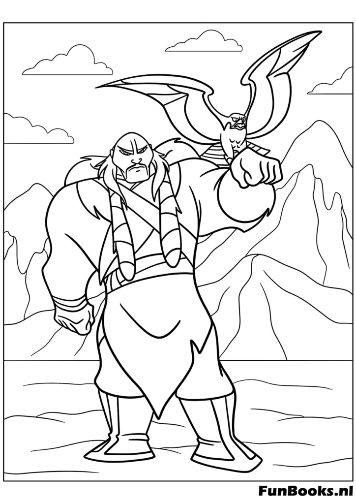 Dragón gracioso Mushu de pie con orgullo en la Gran Muralla China dibujo para colorear