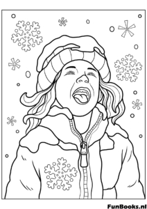 Niña feliz mirando hacia arriba y atrapando copos de nieve cayendo en su lengua alegría de invierno dibujo para colorear