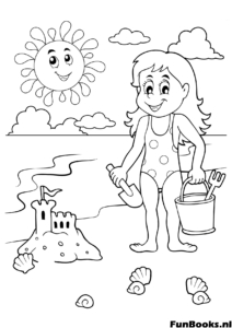 Niña construyendo un castillo de arena en la playa con cubo y pala dibujo para colorear
