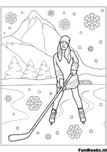 Niña feliz jugando hockey sobre hielo en un estanque congelado usando patines y ropa de invierno dibujo para colorear