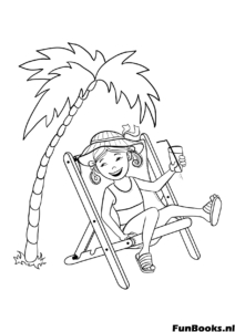 Niña relajándose en una silla de playa bajo una palmera bebiendo jugo dibujo para colorear
