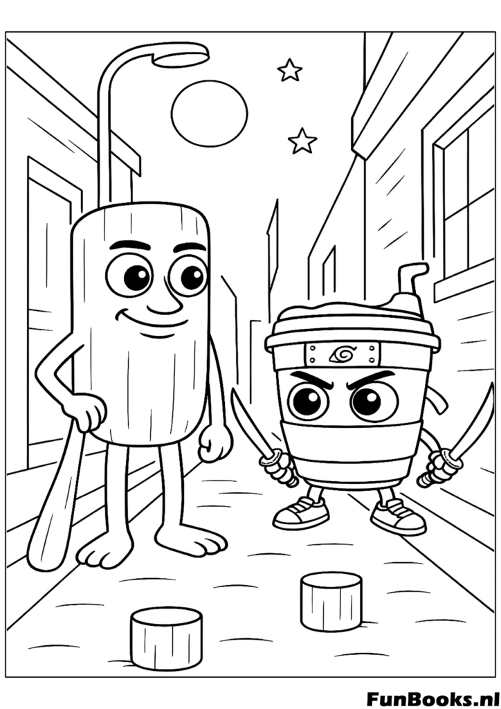 Anime-Stil Duell in einer Gasse mit Tung Tung Sahur der ein Ninja-Stirnband trägt Ausmalbild