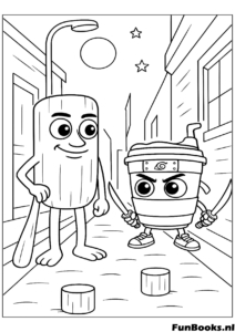 Anime stijl duel in een steegje met Tung Tung Sahur die een ninja hoofdband draagt kleurplaat