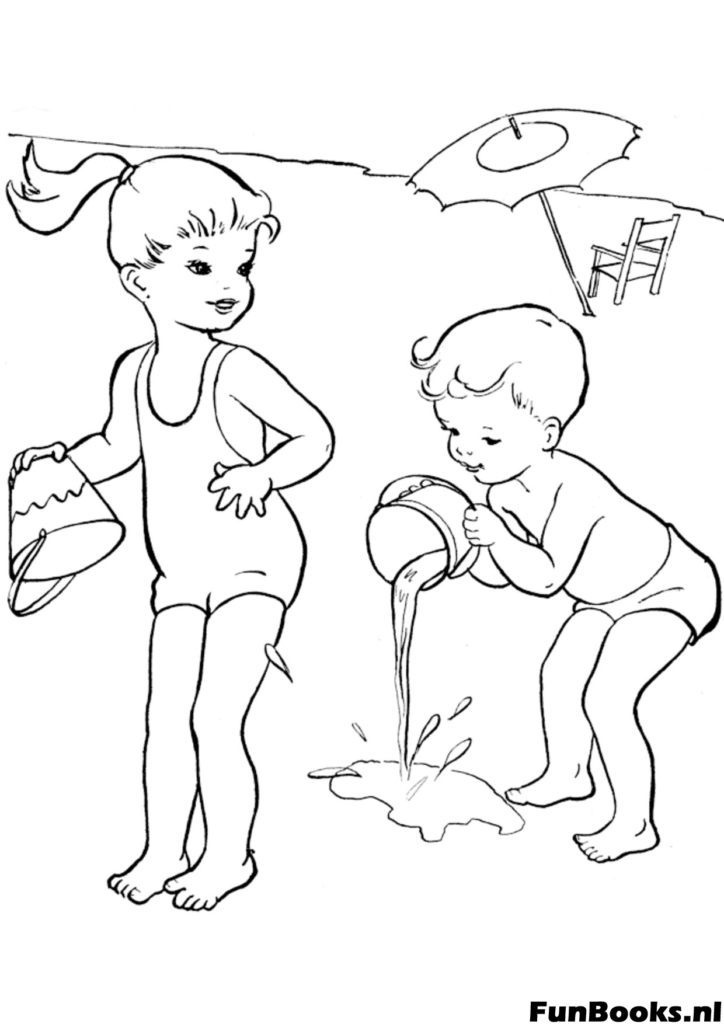 Niños jugando con cubos de agua y arena en la playa diversión de verano dibujo para colorear