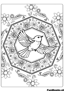 Oiseau volant à l'intérieur d'un cadre floral hexagonal style mandala printemps coloriage