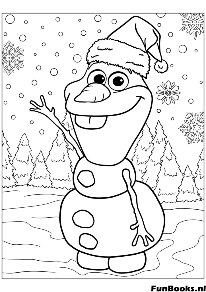 Gracioso Olaf de Frozen usando un gorro de Santa Claus saludando lindo dibujo de vacaciones para colorear