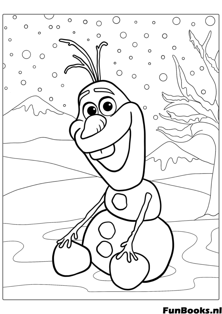Olaf sentado en el suelo luciendo lindo y feliz personaje de Frozen dibujo para colorear