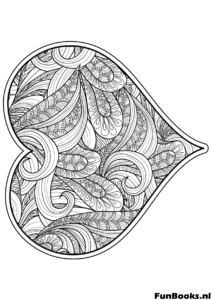 Ornement de cœur cachemire décoratif avec tourbillons et feuilles coloriage détaillé pour art thérapie