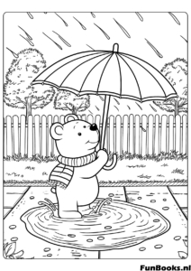 Lindo oso sosteniendo un paraguas de pie en un charco durante la lluvia de otoño dibujo para colorear