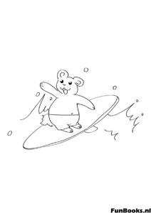 Mignon ours surfant sur une vague animal drôle sports d'été coloriage