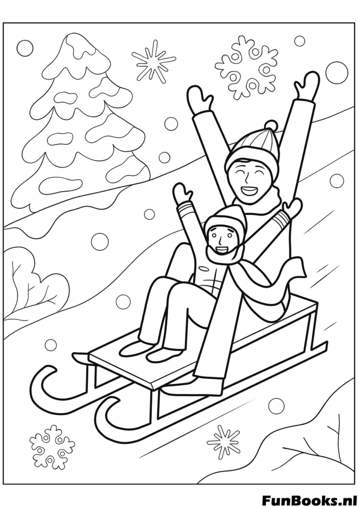Padre e hijo felices deslizándose en trineo por una colina nevada juntos actividad familiar de invierno dibujo para colorear