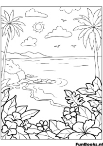 Hermosa playa tropical con palmeras olas del océano y flores paisaje dibujo para colorear