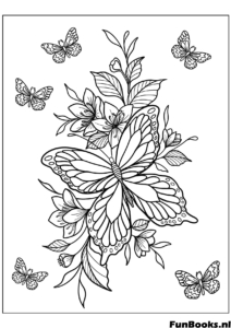 Beau papillon volant autour d'un bouquet de fleurs de printemps coloriage détaillé pour adultes