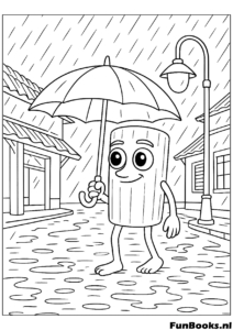 Tung Tung Sahur loopt in de regen met een paraplu sfeervolle kleurplaat