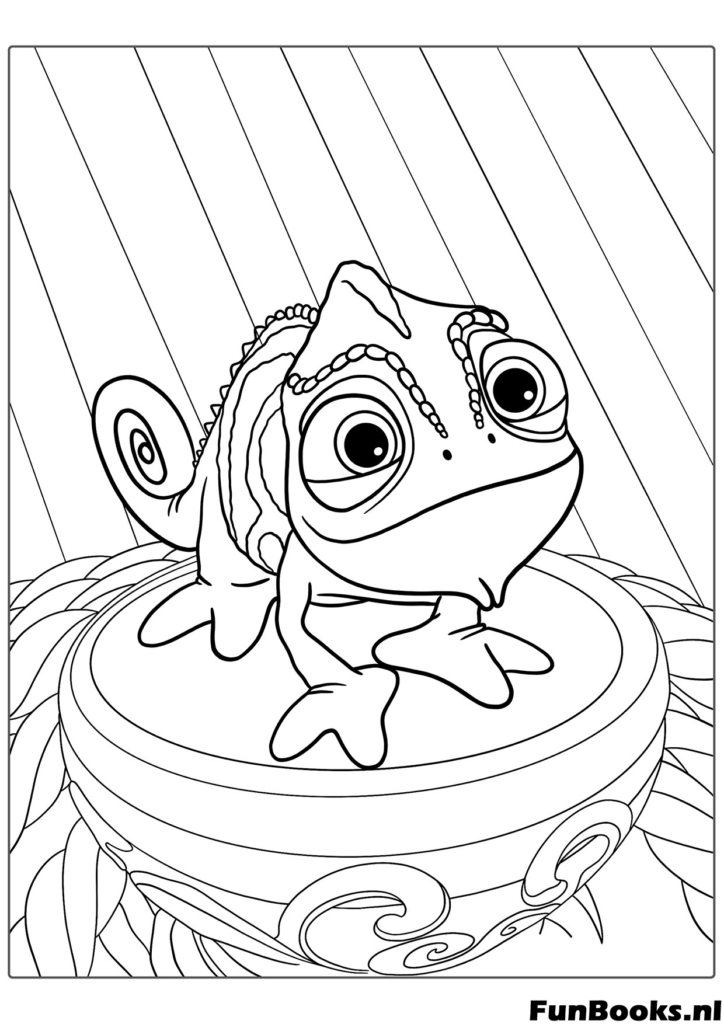 Mignon petit Pascal le caméléon vert assis sur un rocher drôle d'animal compagnon coloriage de Raiponce