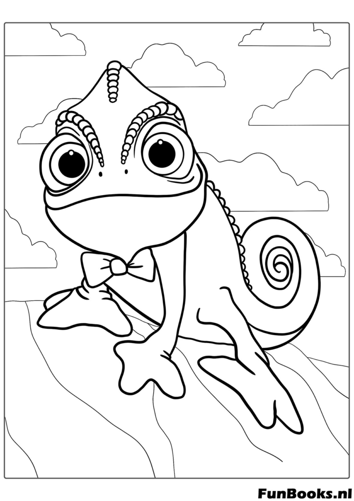 Large close up portrait of Pascal the chameleon smiling with big eyes happy face coloring page for toddlers