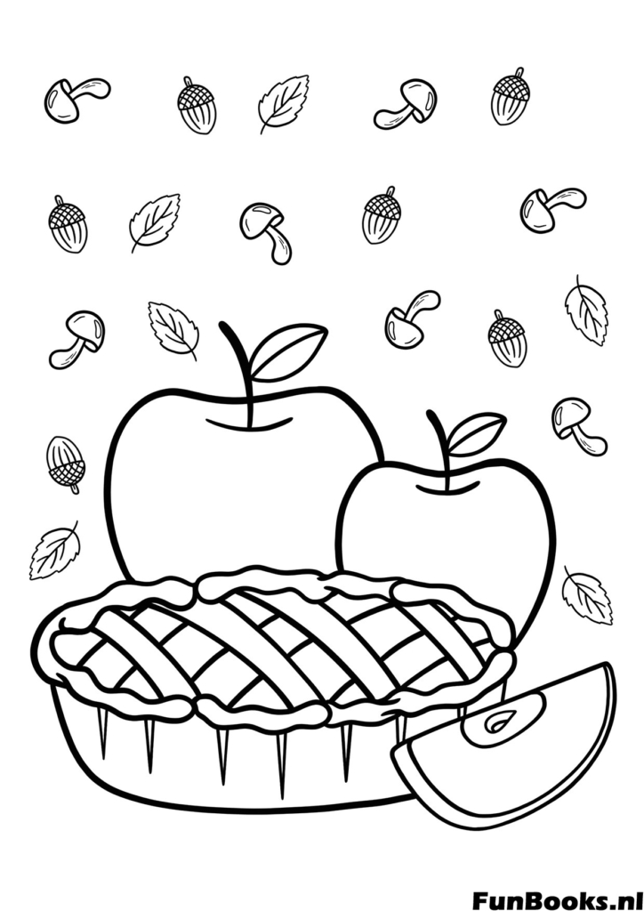 Delicioso pastel de manzana y canasta de manzanas frescas horneado de otoño dibujo para colorear