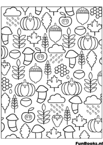 Patrón continuo de artículos de otoño como hongos bellotas hojas y paraguas dibujo para colorear