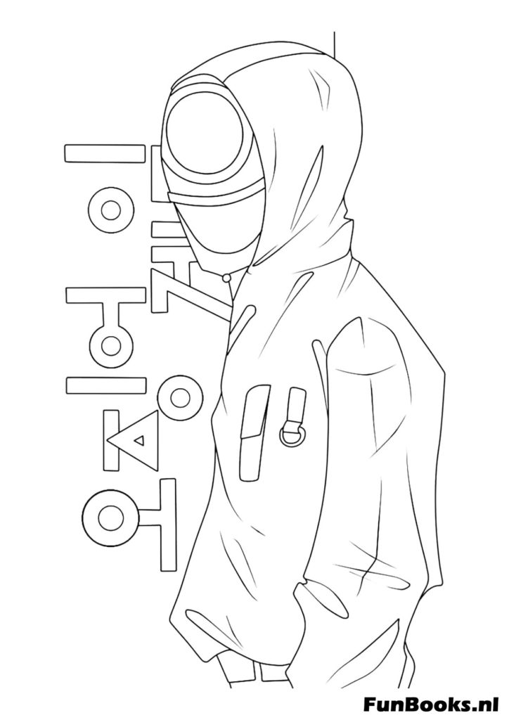 Vista lateral artística de un guardia enmascarado con el título coreano del programa al fondo El Juego del Calamar dibujo para colorear